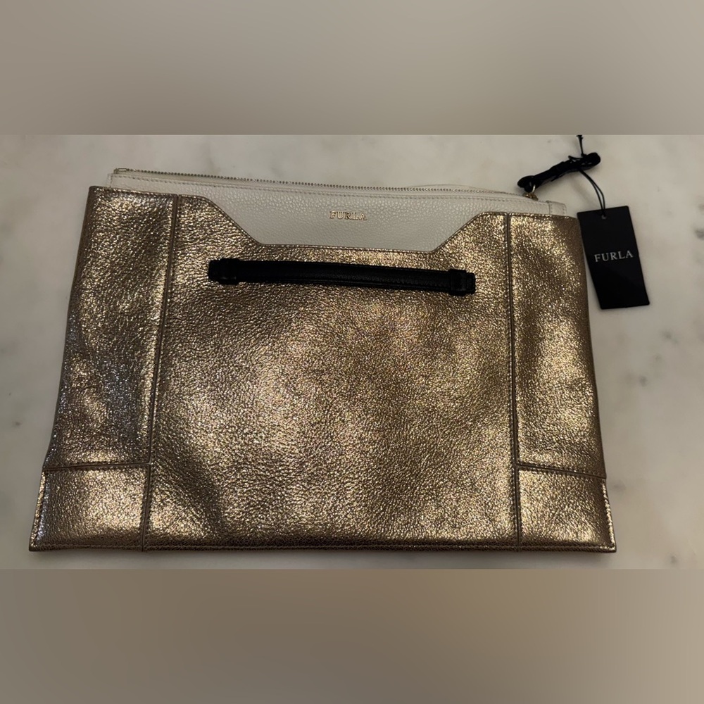 Furla Metallic Gold and White Elegant Oversized Clutch